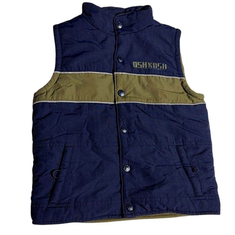 OshKosh Size 4 Kids Puffer Vest Navy Blue Green Colorblock Quilted Snap Front